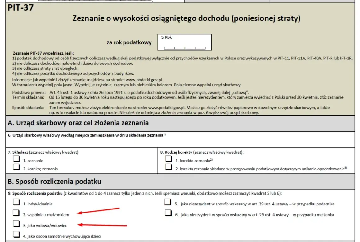 Formularz PIT-37, sekcja "Sposób rozliczenia podatku", opcje wspólne z małżonkiem i jako wdowa/wdowiec. Dotyczy dziedziczenia akcji w biurze maklerskim.