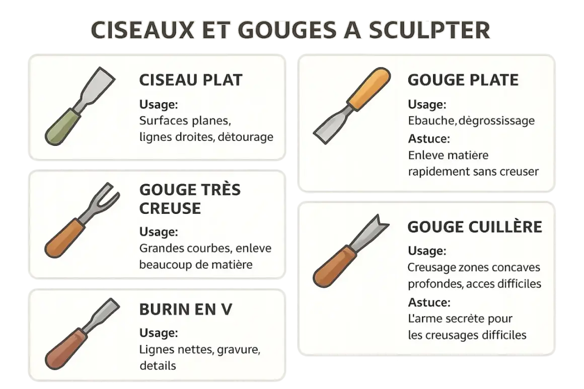 Illustration de différents types de gouge à bois : plate, très creuse, cuillère et burin en V, pour la sculpture.