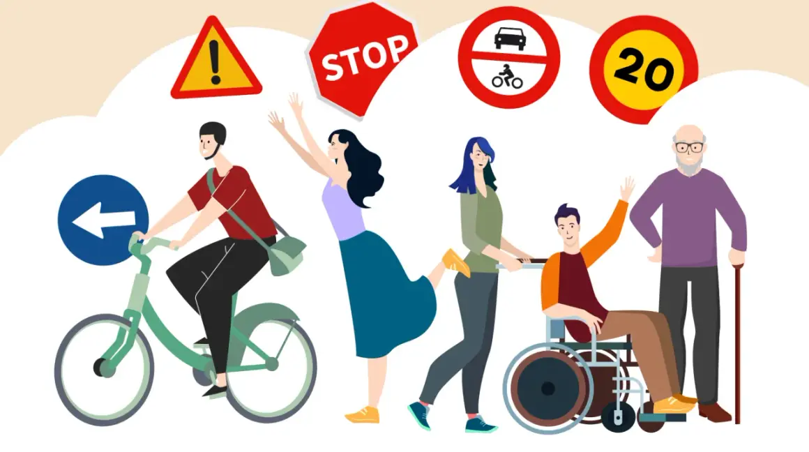 Un hombre sonriente va en bicicleta, rodeado de señales de tráfico y personas diversas.