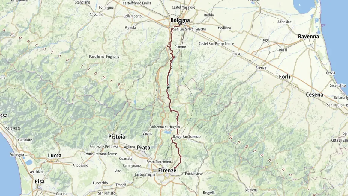 Mapa de la Via degli Dei, ruta de senderismo que une Bolonia con Florencia a través de los Apeninos.