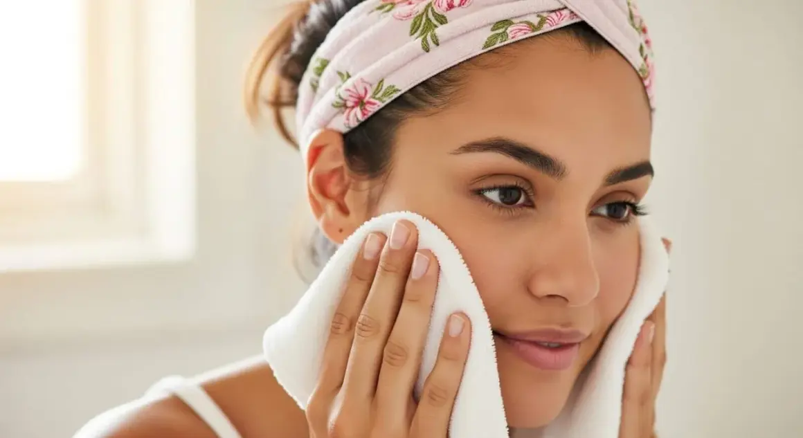 Frau mit Blumenstirnband trocknet ihr Gesicht mit einem weißen Handtuch, um Rückstände von Reinigungsmitteln wie Sodium Lauryl Sulfate zu entfernen.