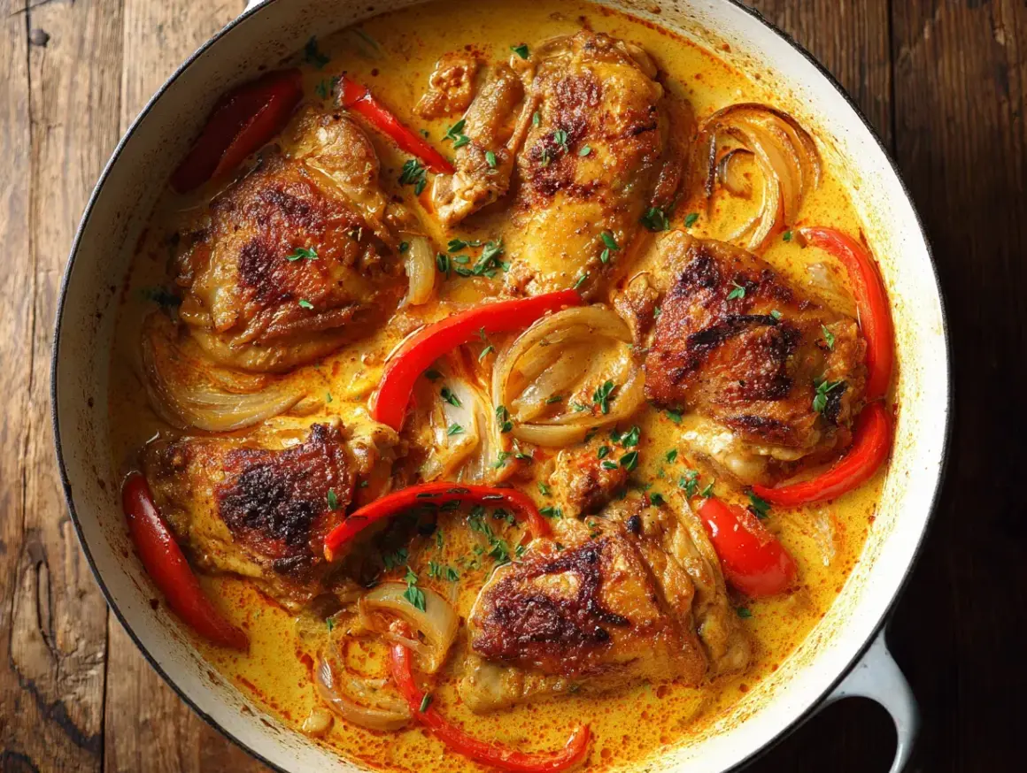 En gryta med gyllene kycklinglårfilé, paprika och lök i en krämig sås. Ett härligt kycklinglårfile recept.