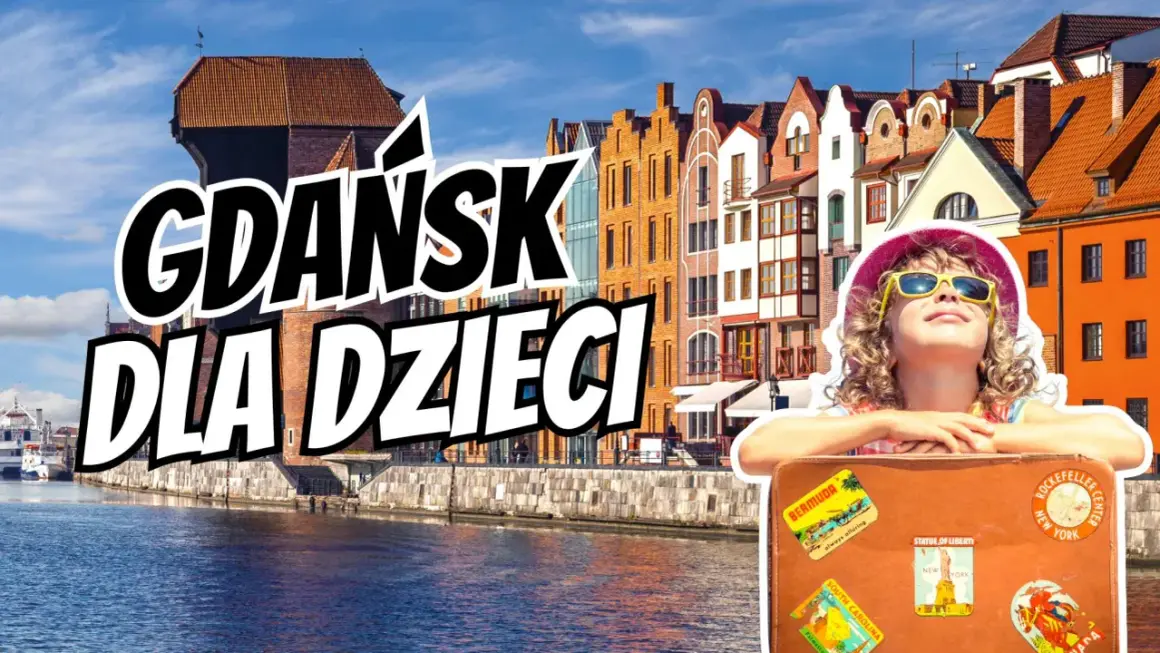 Gdańsk dla dzieci: radosna dziewczynka z walizką pełną wspomnień na tle malowniczych kamieniczek i Żurawia.
