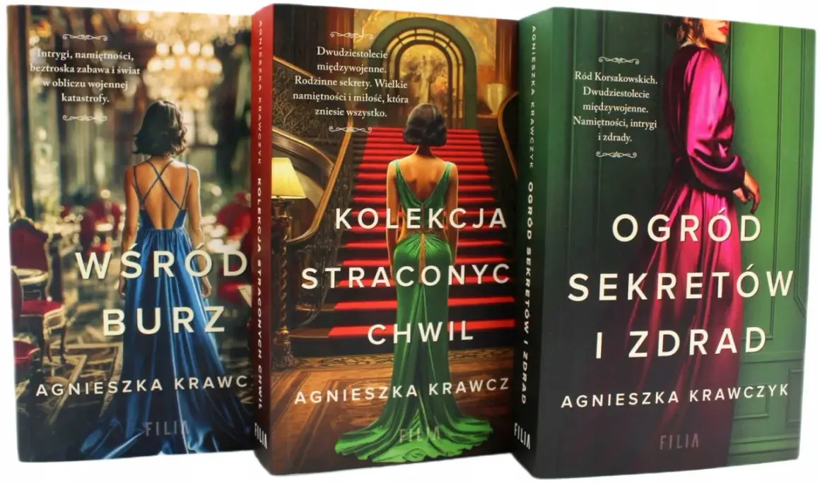 Trzy okładki książek Agnieszki Krawczyk: "Wśród burz", "Kolekcja straconych chwil", "Ogród sekretów i zdrad".