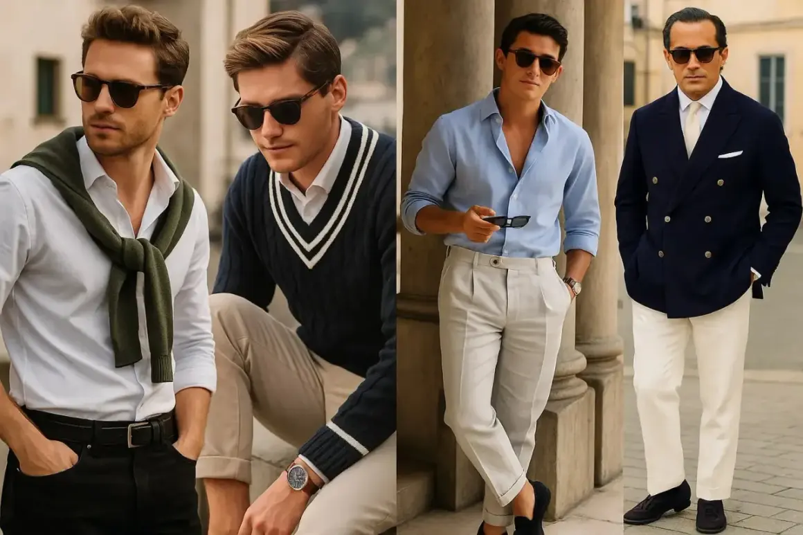Cuatro hombres con estilo "old money": camisas, jerséis, trajes y pantalones de lino, gafas de sol y relojes.