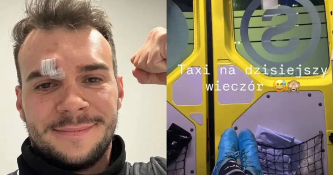Mężczyzna z opatrunkiem po uderzeniu w łuk brwiowy, w tle wnętrze karetki.
