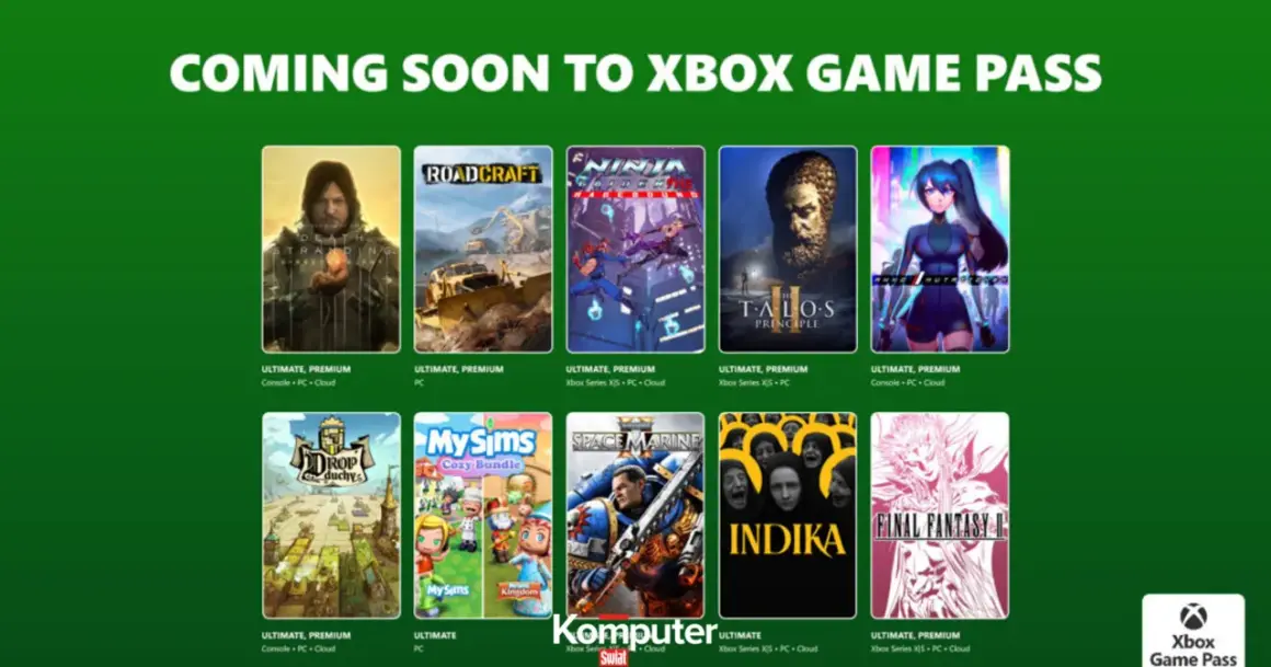 Grafika przedstawia okładki gier dostępnych w Xbox Game Pass, z napisem "Coming Soon to Xbox Game Pass".