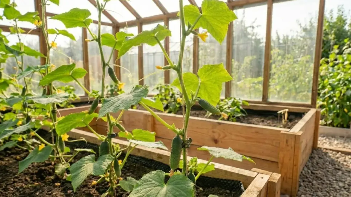 Gurkor växer i ett växthus. Små gurkor och gula blommor syns på plantorna, som klättrar uppåt. Sidoskott gurka ger en riklig skörd.
