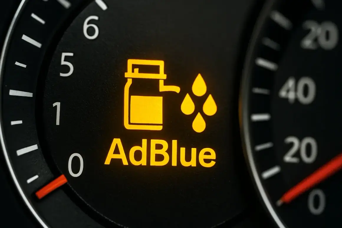 Luz de advertencia del sistema SCR AdBlue en el tablero. Indica que el nivel de AdBlue es bajo y necesita ser rellenado.