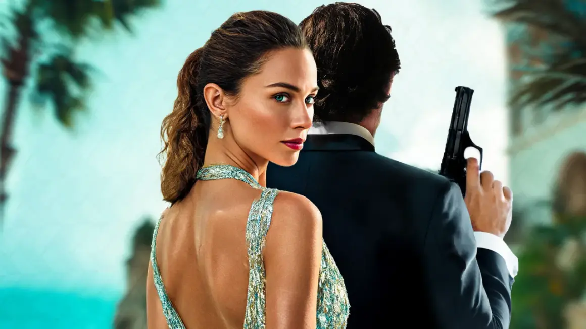 Ein Mann im Anzug hält eine Pistole, eine Frau in einem glitzernden Kleid blickt verführerisch über die Schulter. Der neue James Bond ist bereit für die Mission.