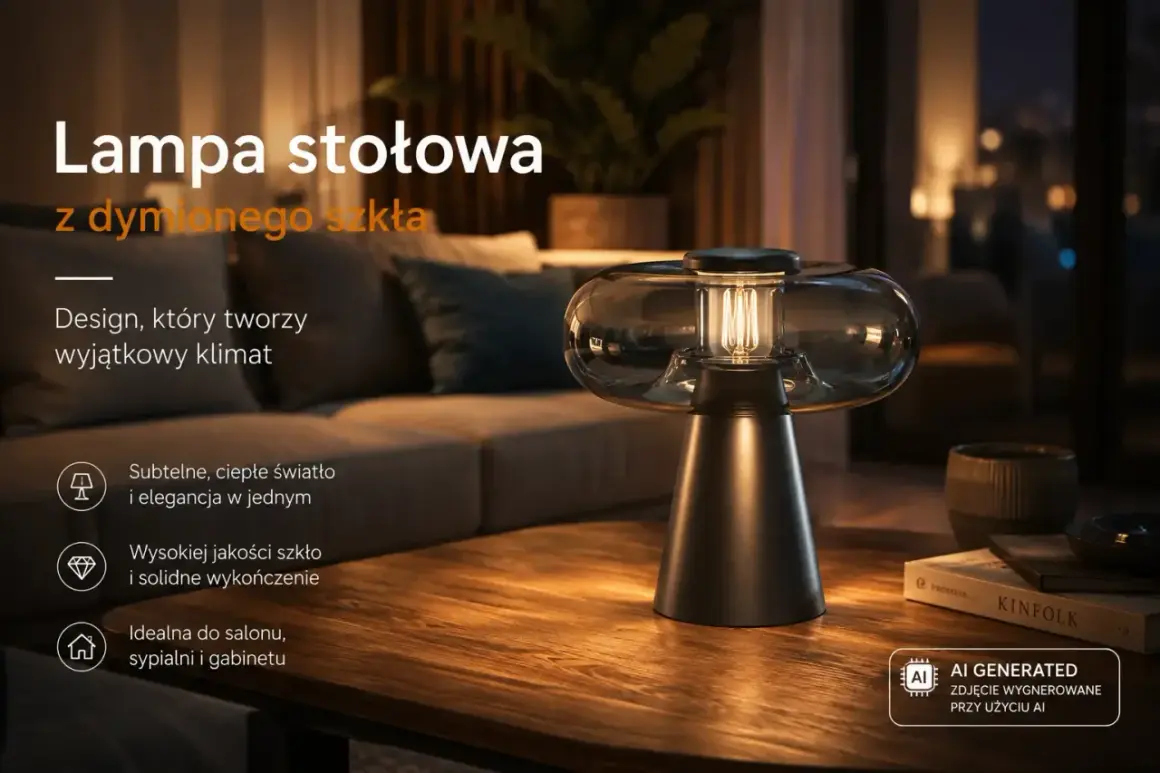 Elegancka lampa stołowa z dymionego szkła, tworząca ciepły klimat. Wysokiej jakości szkło i solidne wykończenie.