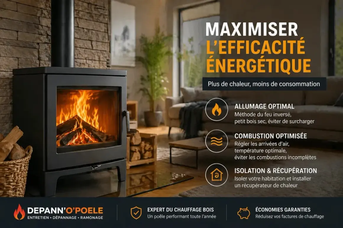 Un poêle à bois moderne et efficace, idéal pour maximiser l'efficacité énergétique. Un ramonage régulier assure une combustion optimale.