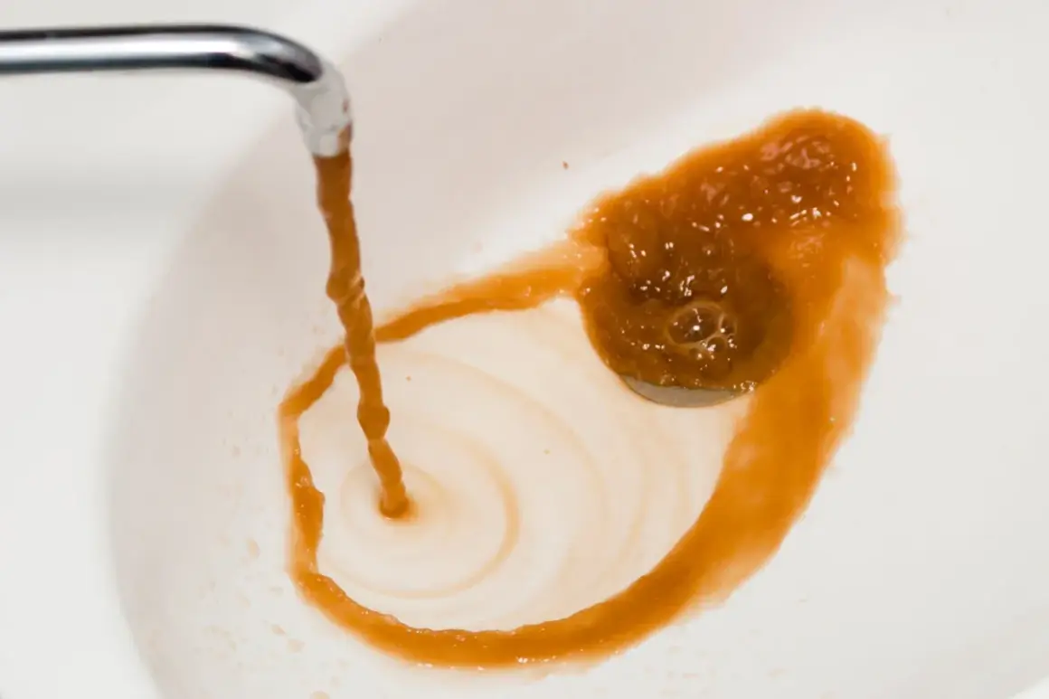 Eau brune et trouble coule d'un robinet dans un lavabo blanc, laissant des traces rouille. On dirait du poison dans l'eau.