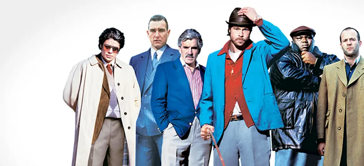 Rollistan i Snatch: Benicio del Toro, Vinnie Jones, Jason Statham, Brad Pitt, Jason Flemyng, Dennis Farina och Rade Šerbedžija.