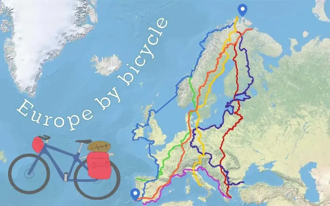 Mapa de Europa con rutas ciclistas de EuroVelo 7 y otras. Bicicleta de viaje con alforjas.