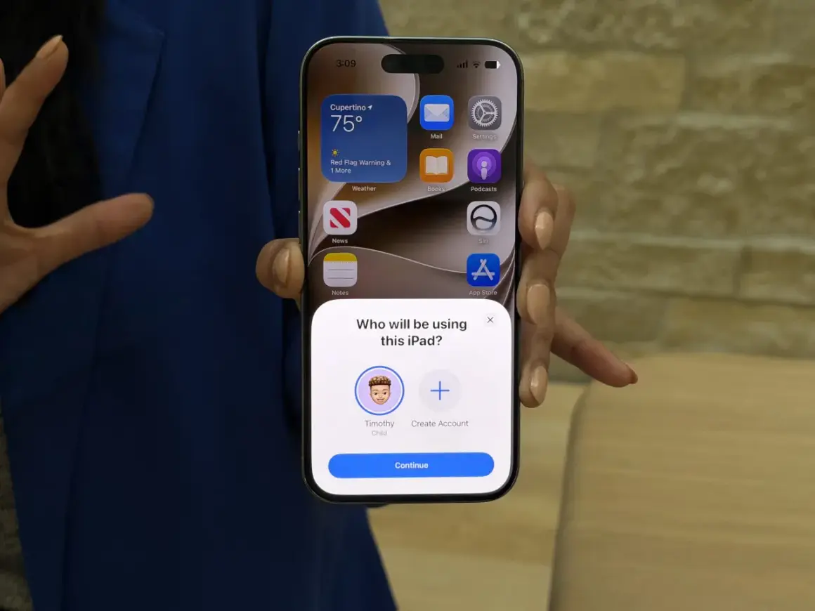 Ustawianie kontroli rodzicielskiej na iPhone. Ekran wyboru użytkownika: "Timothy Child" i opcja "Utwórz konto".