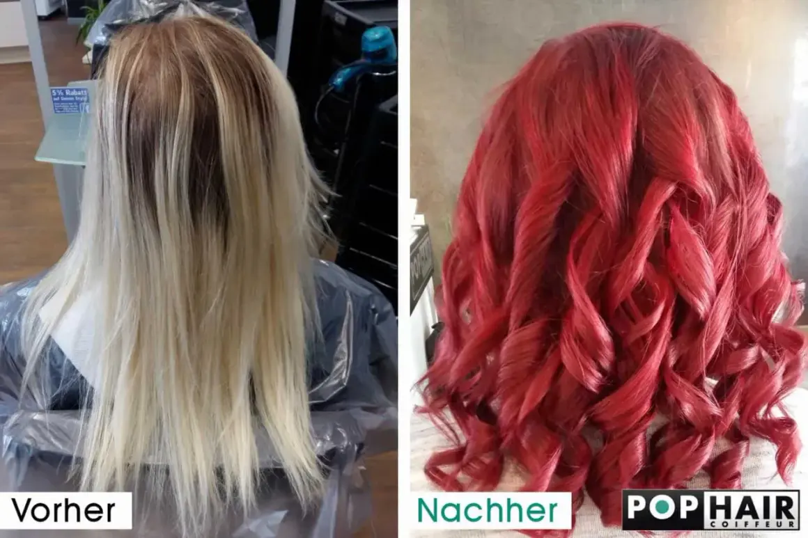 Vorher: blond, nachher: leuchtend rot. Eine Transformation von blond auf rot, mit voluminösen Wellen.