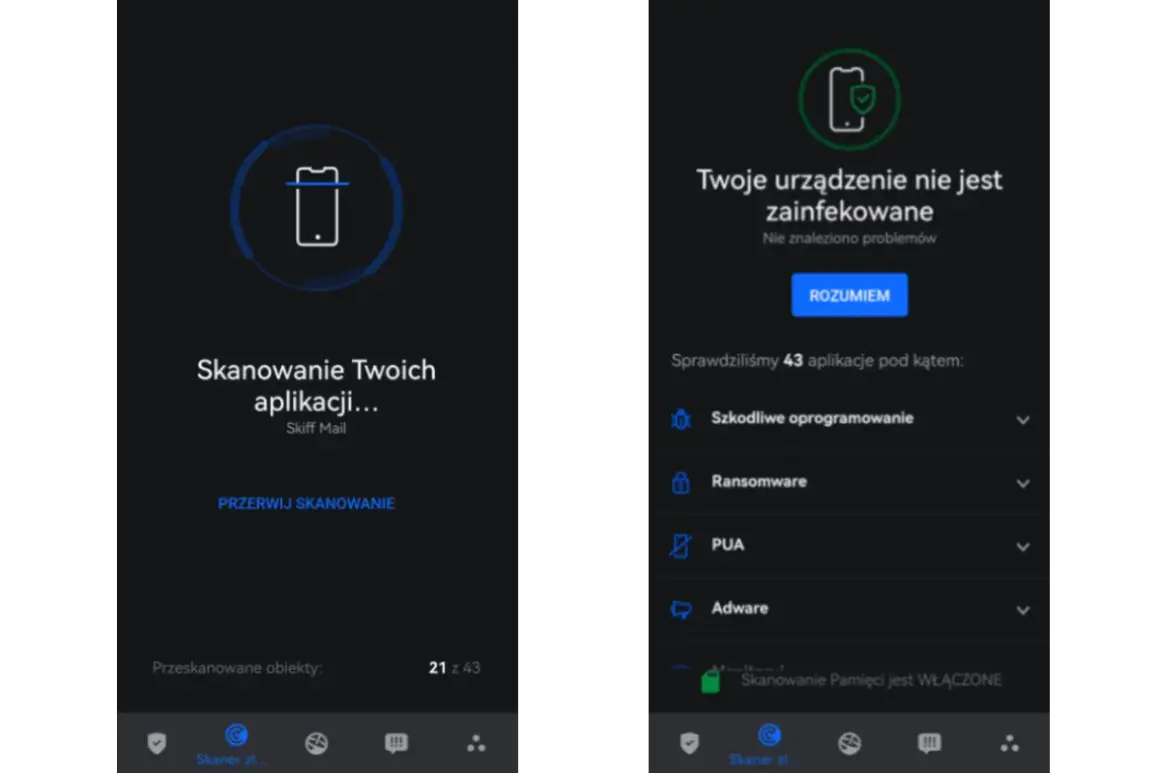 Skanowanie telefonu zakończone. Twoje urządzenie jest bezpieczne, nie znaleziono żadnych zagrożeń.
