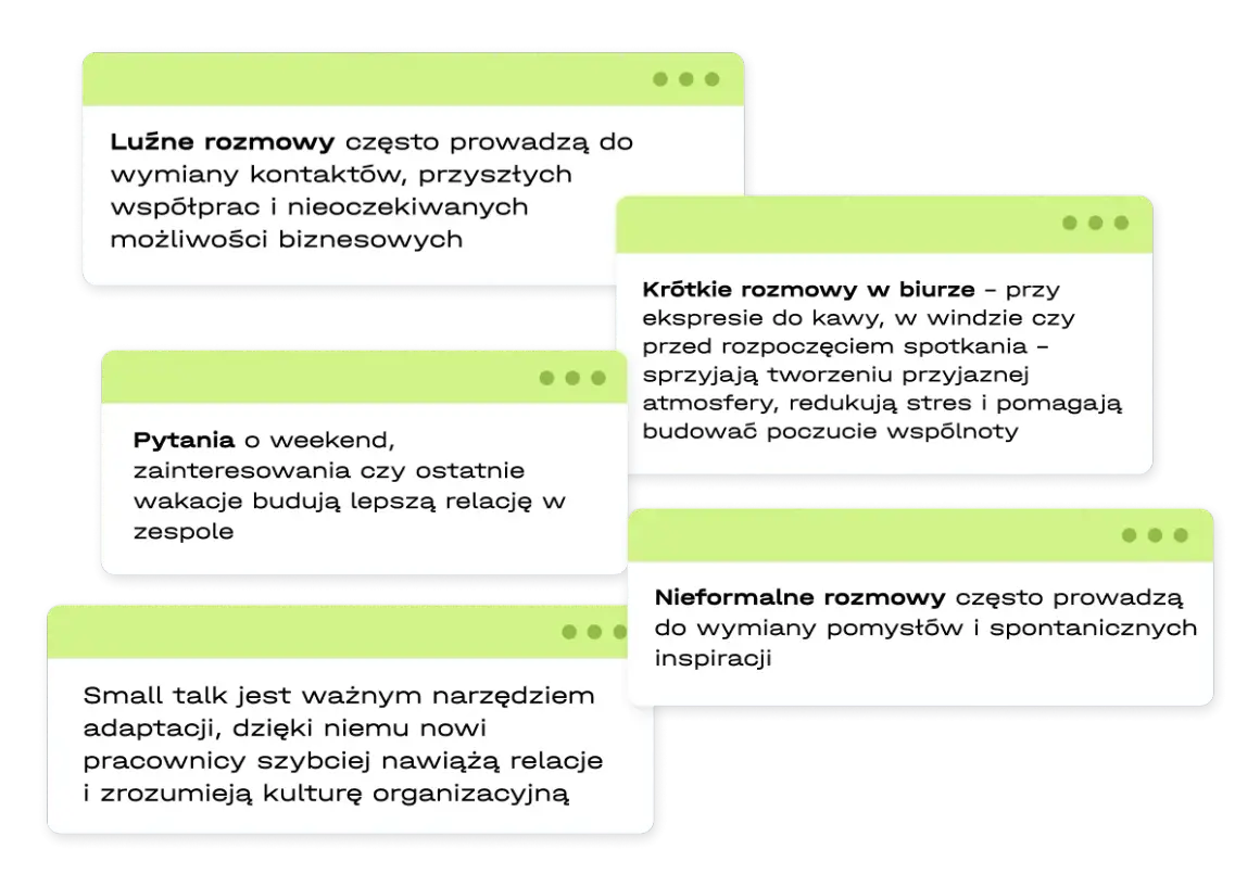 Luźne rozmowy, pytania o weekend i small talk budują relacje i sprzyjają wymianie pomysłów. Komentarze te podkreślają znaczenie nieformalnych rozmów w pracy.