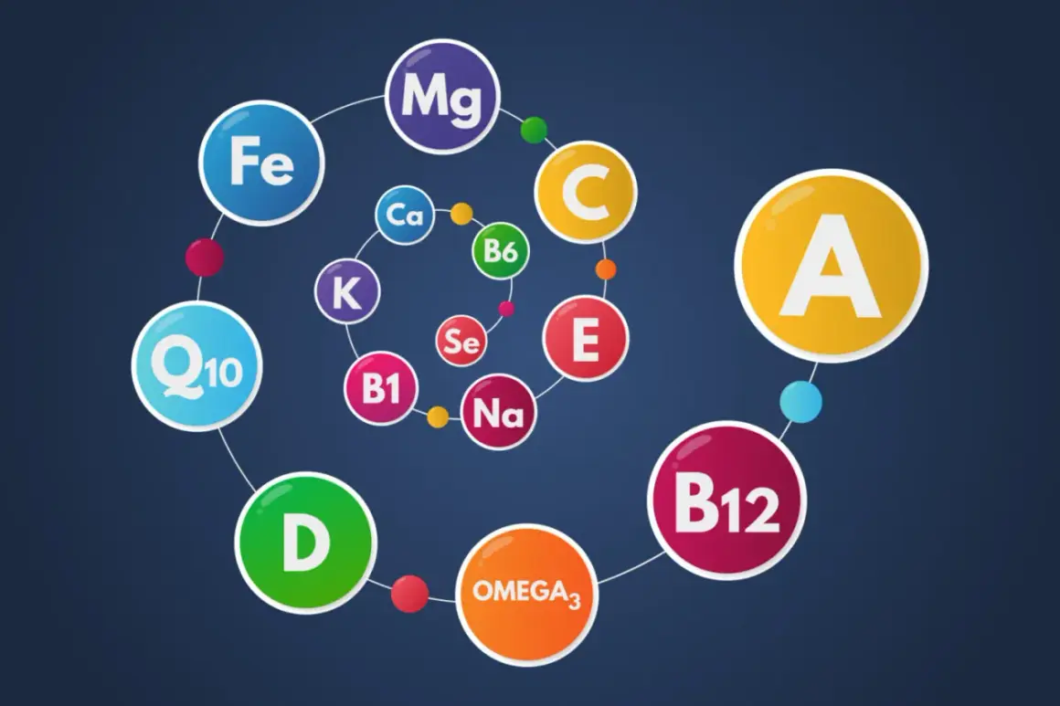 Wizualizacja przedstawia spirale z witaminami i minerałami, kluczowymi dla treningu siłowego: A, B1, B6, B12, C, D, E, Fe, Ca, K, Mg, Se, Na, Q10, OMEGA3.