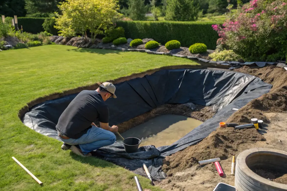 Un homme travaille sur l'aménagement d'un bassin préformé dans un jardin verdoyant.