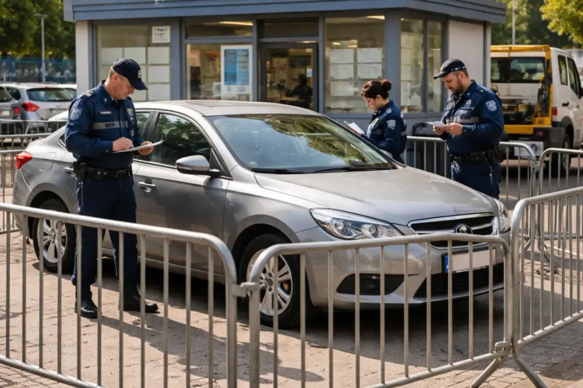 Trois agents rédigent des documents près d'une voiture grise. Une procédure de mise en fourrière sans PV est en cours.