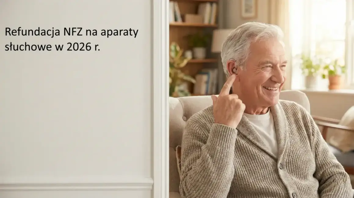 Uśmiechnięty starszy pan z aparatem słuchowym. Dowiedz się, ile wynosi dofinansowanie do aparatu słuchowego z NFZ w 2026 roku.
