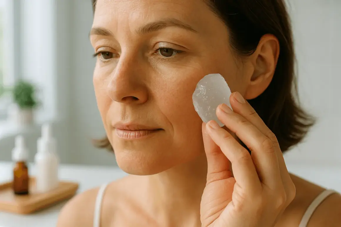 Une femme applique une pierre d'alun sur son visage pour un soin naturel.