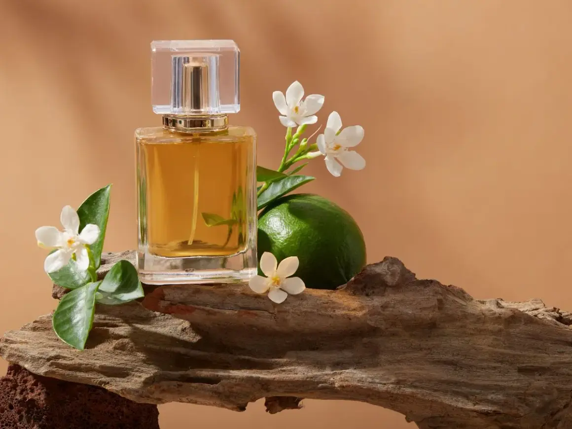 Elegancka butelka perfum, limonka i białe kwiaty na drewnianej podstawie. Obrazek sugeruje, jak powstają perfumy, łącząc naturę z luksusem.