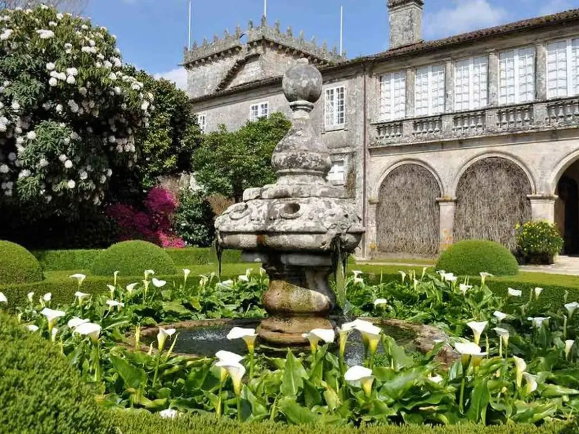 Jardín del Pazo de Oca con fuente de piedra y calas blancas, rodeado de setos y un gran rododendro en flor.