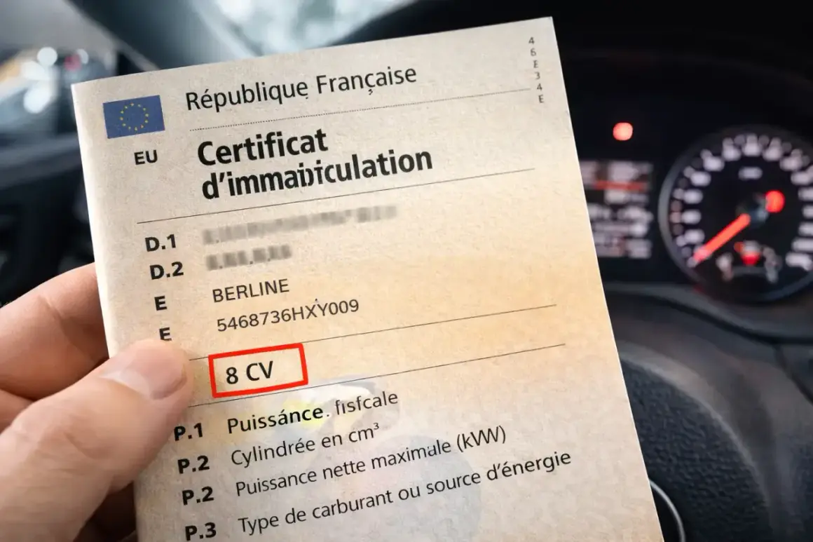 Certificat d'immatriculation français montrant "8 CV", expliquant la signification de la carte grise P6.