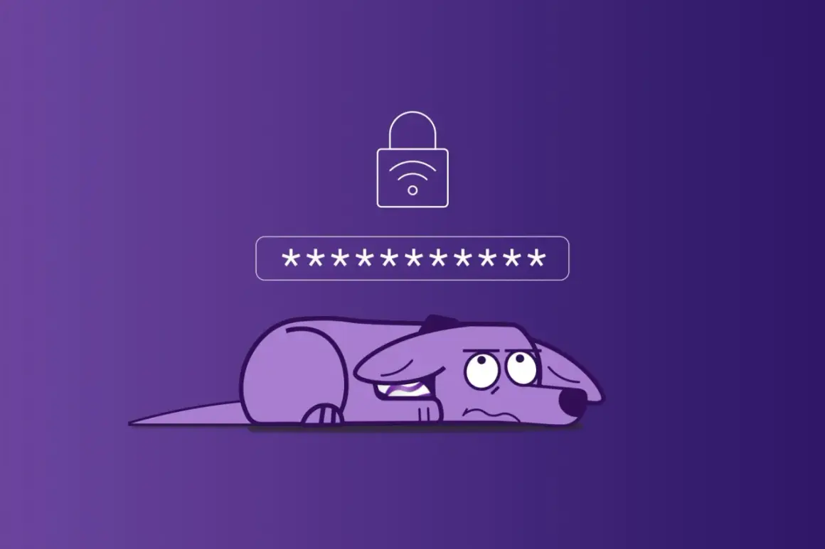 Smutny piesek pod polem z gwiazdkami, symbolizującymi hasło. Nad nim kłódka z ikoną Wi-Fi, wskazująca na klucz zabezpieczeń sieciowych.