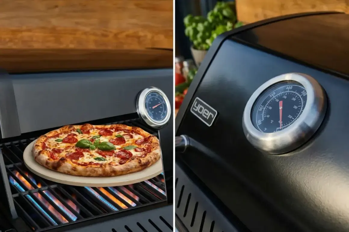 Idealna pizza na kamieniu, lekko niedopieczona, z widocznym termometrem na grillu.
