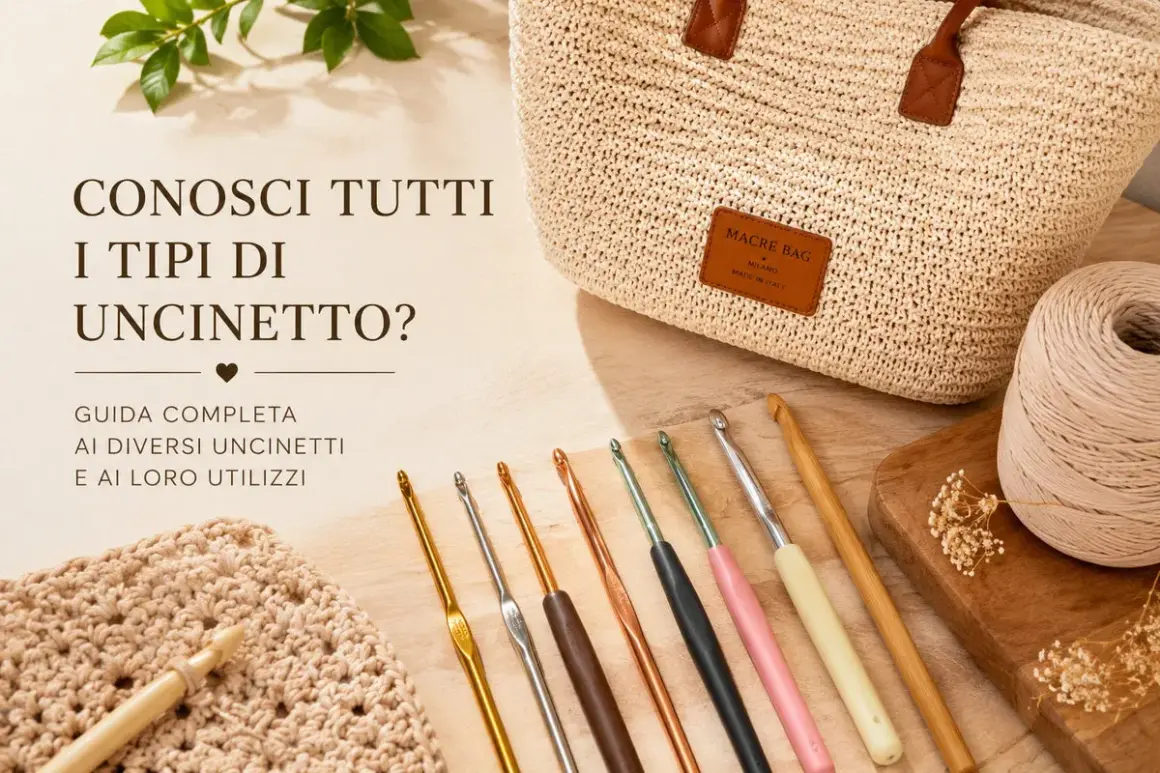 Una guida completa ai diversi tipi di uncinetto, con una borsa di paglia e filati.