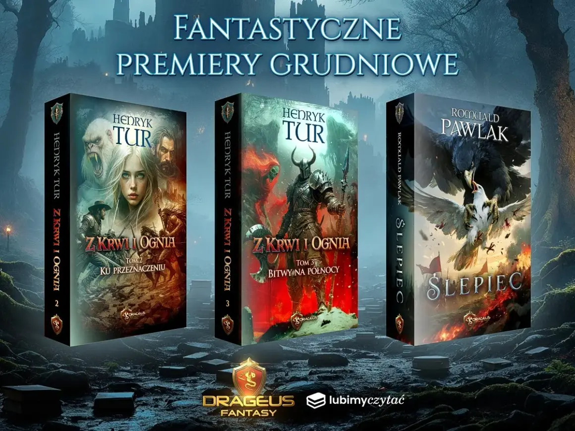 Okładki polskich książek fantasy: "Z Krwi i Ognia" Henryka Tura (tomy 2 i 3) oraz "Ślepiec" Romualda Pawlaka.