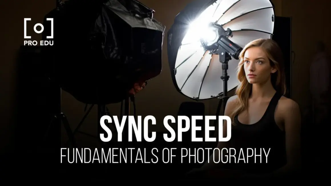 A woman poses in a studio with lighting equipment. Text reads "SYNC SPEED FUNDAMENTALS OF PHOTOGRAPHY.