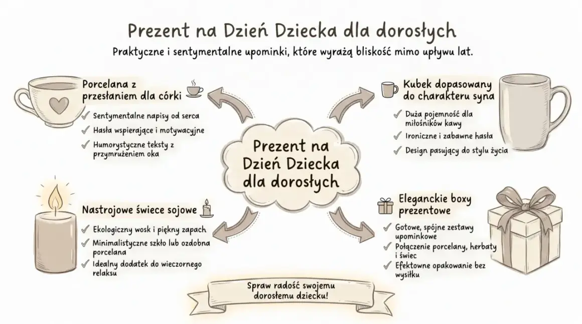 Pomysły na prezent na Dzień Dziecka dla dorosłych: kubek dla syna, porcelana dla córki, świece i eleganckie boxy. Spraw radość!