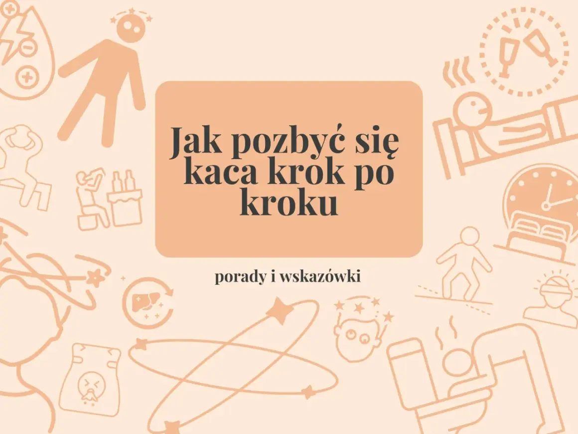 Jak pozbyć się kaca krok po kroku – porady i wskazówki. Grafika przedstawia ilustracje związane z objawami kaca i sposobami, co pomaga na kaca.