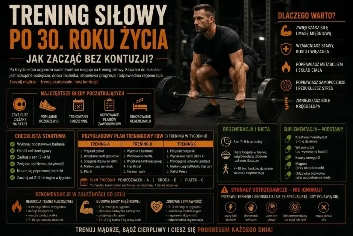 Gotowy plan treningowy na siłownię po 30. roku życia, by zacząć bez kontuzji. Zawiera przykładowe ćwiczenia i wskazówki.