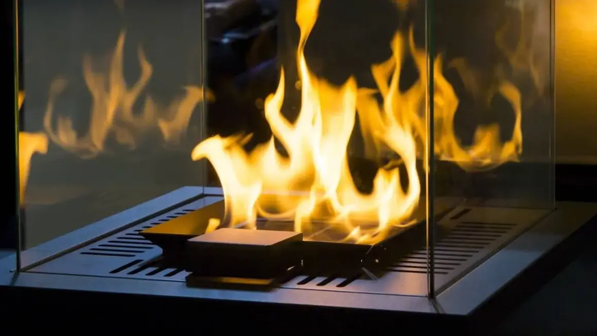 Flammen tanzen in einem modernen Kamin. Ein Pelletofen ohne Schornstein betreiben ist hier möglich, dank der Glasumrandung.
