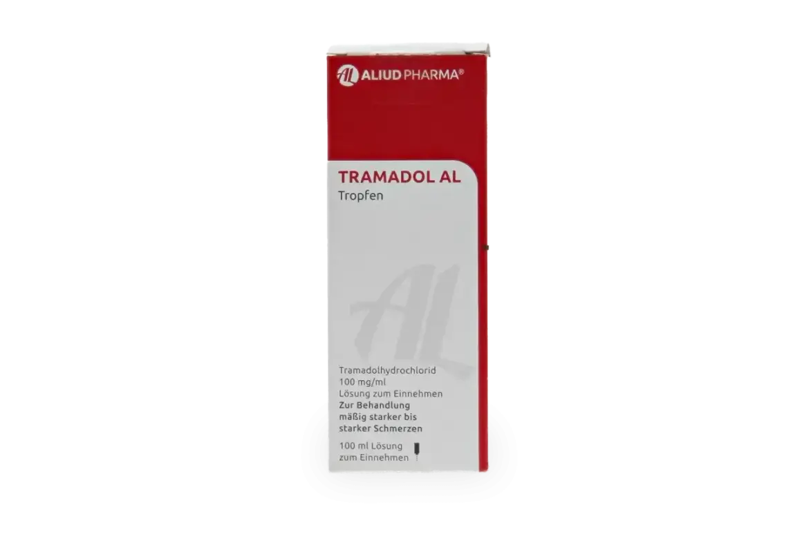 Opakowanie leku Tramadol AL Tropfen, 100 mg/ml, 100 ml. Pomaga na umiarkowany i silny ból.