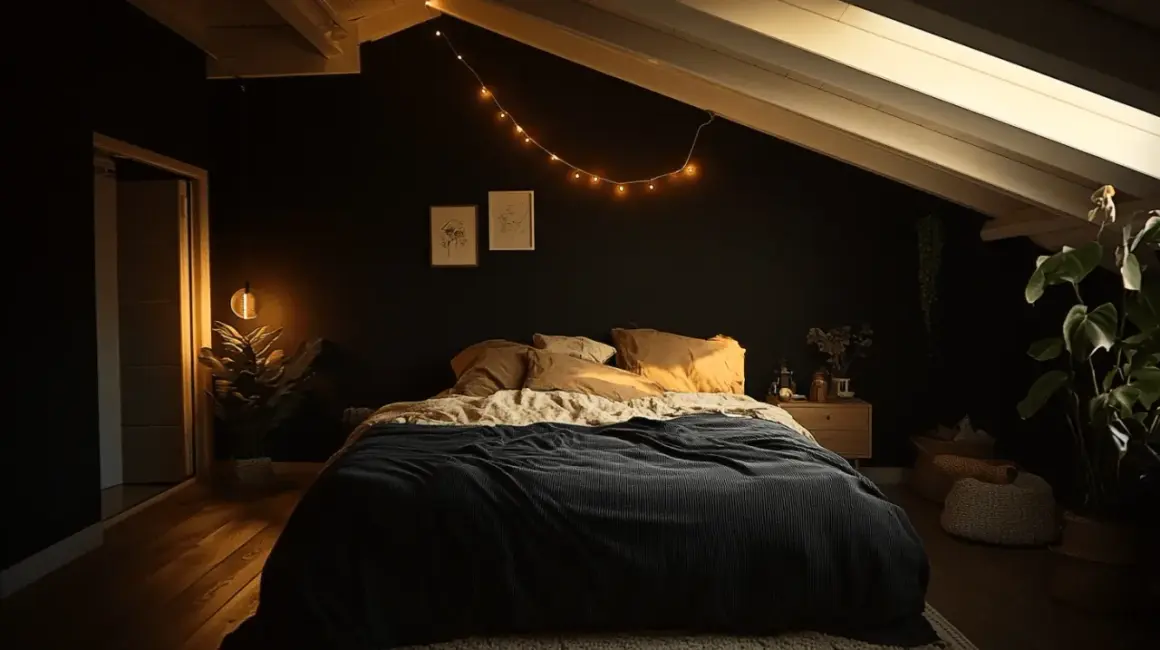 Gemütliches Schlafzimmer dunkel streichen: Dunkle Wände, Lichterkette, Pflanzen und ein einladendes Bett schaffen eine Oase der Ruhe.