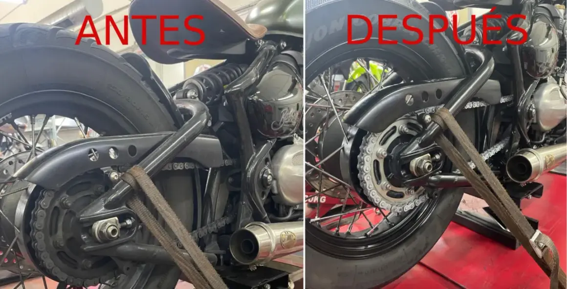 Comparativa del mantenimiento de la cadena de moto: antes y después. Se aprecia la limpieza y lubricación de la cadena, lista para rodar.