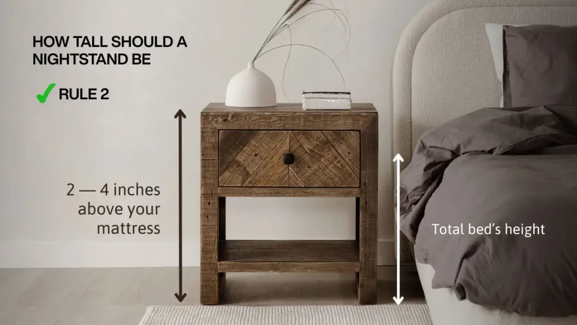 A rustic wooden nightstand is shown next to a bed, illustrating the ideal height: 2-4 inches above the mattress. This ensures convenient access, a key aspect of average nightstand dimensions.