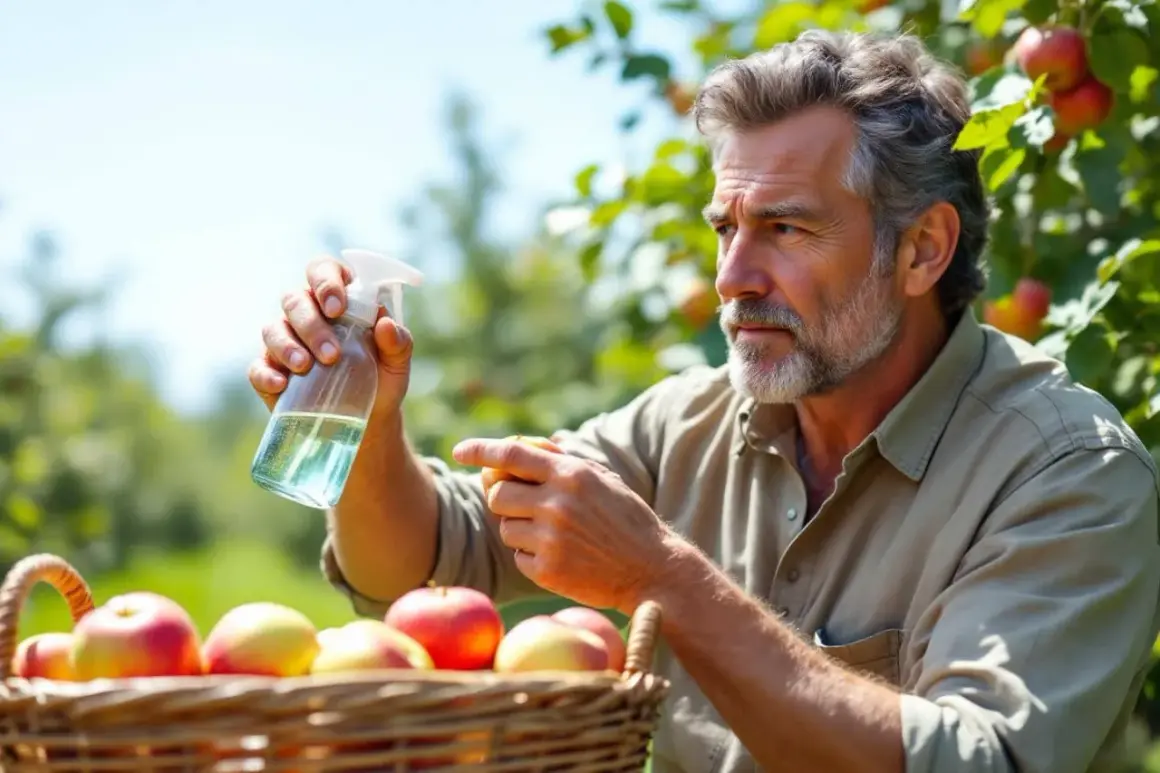 Un homme prépare sa récolte de pommes, tenant un vaporisateur près d'un panier rempli de fruits rouges et jaunes.