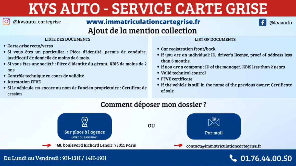 KVS Auto, spécialiste des cartes grises, vous aide pour l'ajout de la mention collection sur votre voiture de collection age. Documents requis et démarches expliqués.