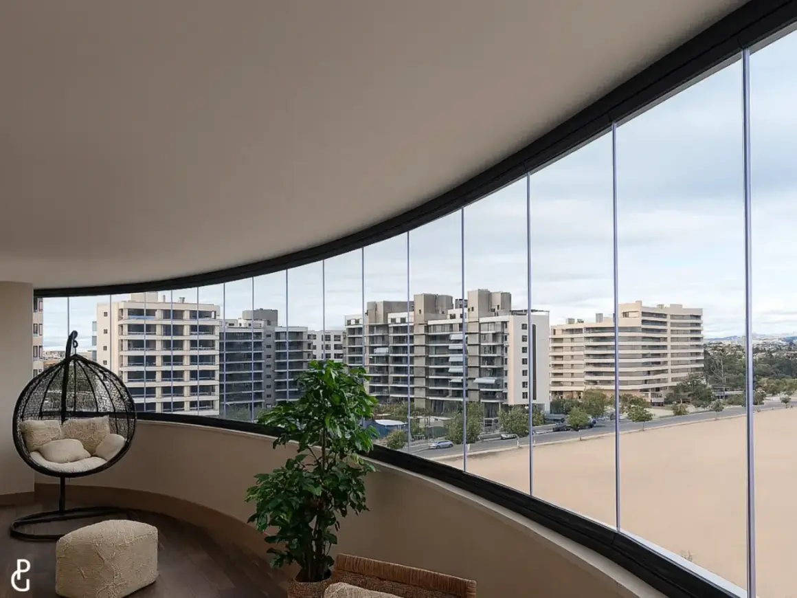 Modernas ideas para cerrar balcones: un espacio acogedor con silla colgante y vistas urbanas.