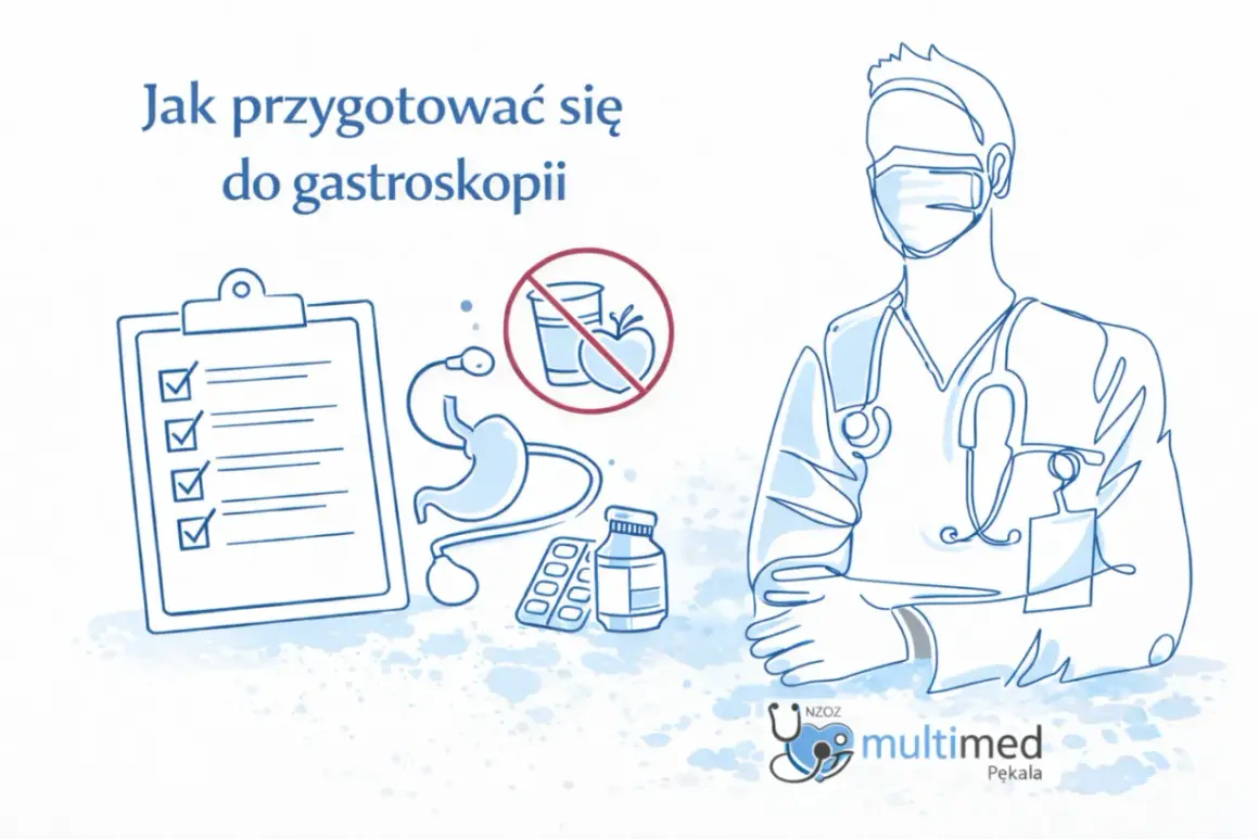 Przygotowanie do gastroskopii: lista kontrolna, zakaz jedzenia i picia, lekarz w masce i stetoskopie.