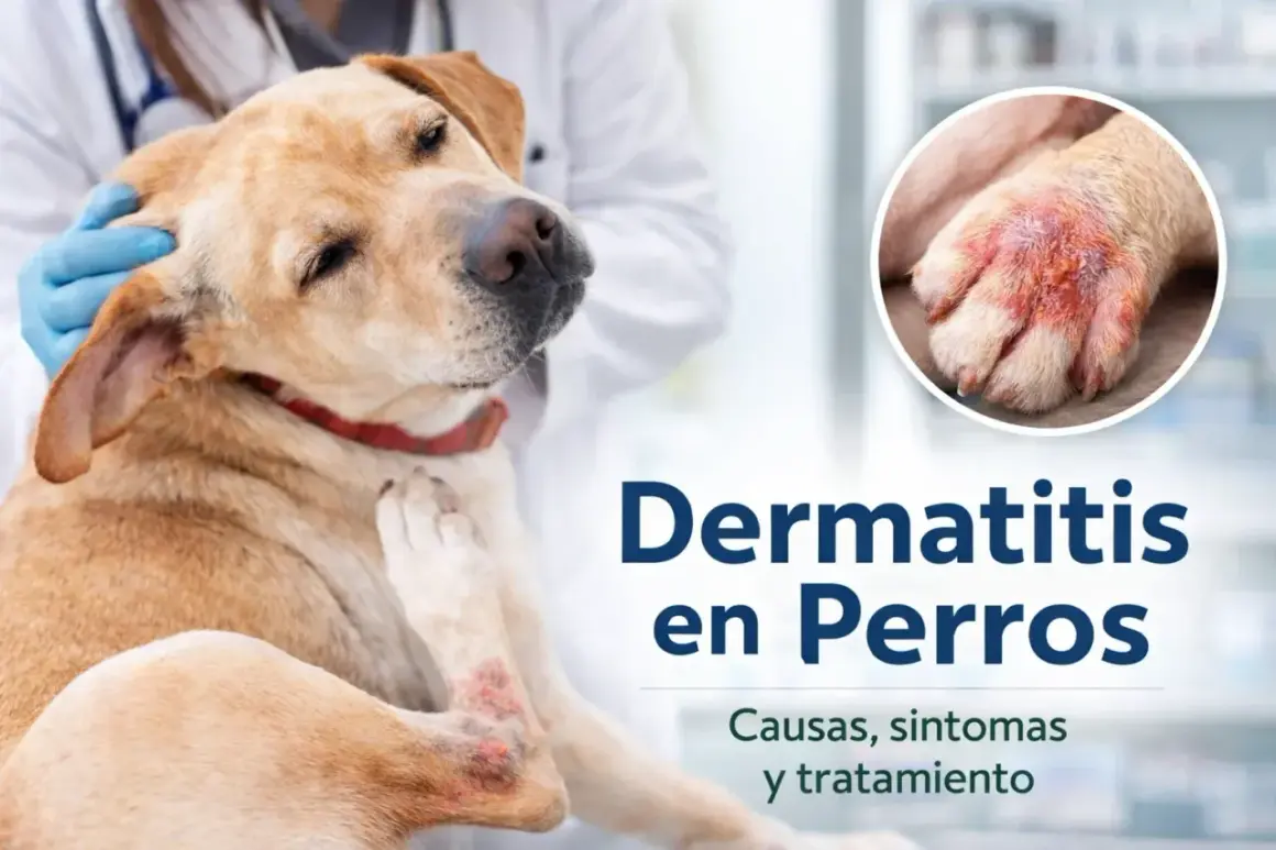 Perro con dermatitis en patas, siendo examinado por un veterinario. La imagen muestra la inflamación y enrojecimiento característicos de la dermatitis en perros.
