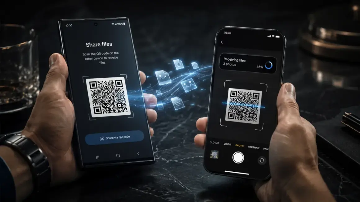 Dwa telefony, jeden udostępnia pliki przez QR kod, drugi je odbiera. Szybkie udostępnianie danych, jak tethering, bez kabli.